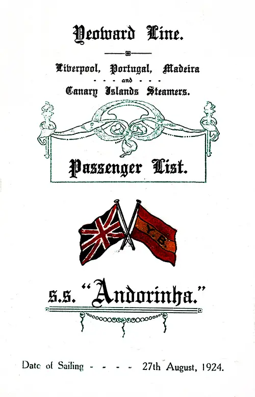 Front Cover, Tourist Passenger List from the SS Andorinha of the Yeoward Line, Departing 27 August 1924 from Liverpool to Tenerife, Madeira, The Canary Islands (Las Palmas, Grand Canary), Return to Liverpool.