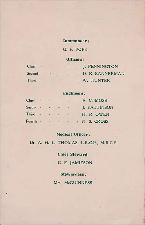 Senior Officers and Staff for the SS Andorinha Voyage of 27 August 1924.