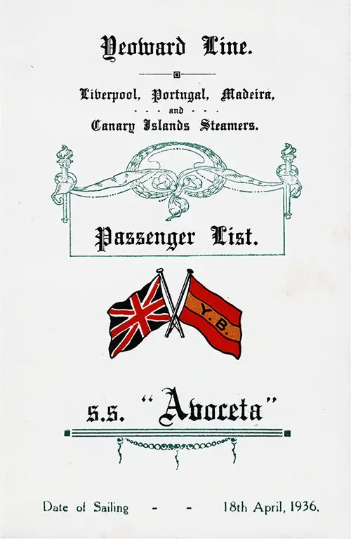 Front Cover, Yeoward Line SS Avoceta Tourist Passenger List - 18 April 1936.