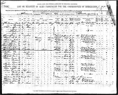 Manifest for the SS Saxonia, Sailing from Liverpool to Bostong in April 1903.