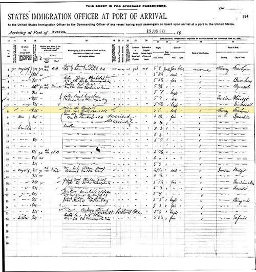 Steerage Passenger Manifest, RMS Laconia of the Cunard Line, From Liverpool to Boston Arriving 19 June 1913. List 184 Right.