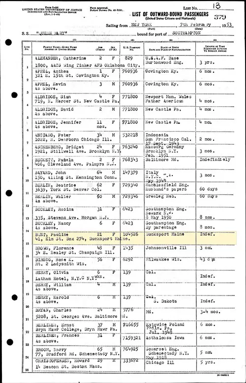 Example of a List of Outward-Bound Passengers (US Citizens and Nationals), Sailing from New York, 7 February 1953 on the SS Queen Mary Bound for the Port of Southampton.