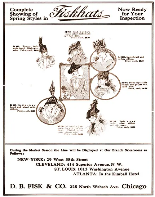 1916 Print Advertisement for Fiskhats -- Complete Showing of Spring Styles. Dry Goods Reporter, 29 January 1916.