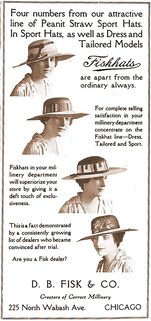 1916 Print Advertisement for Fiskhats -- Peanit Staw Sport Hats. Dry Goods Reporter, 15 April 1916.
