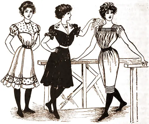 Bathing Suits / Dresses For Women, Styles 1AB, 2AB, and 3AB. The Delineator, June 1901.
