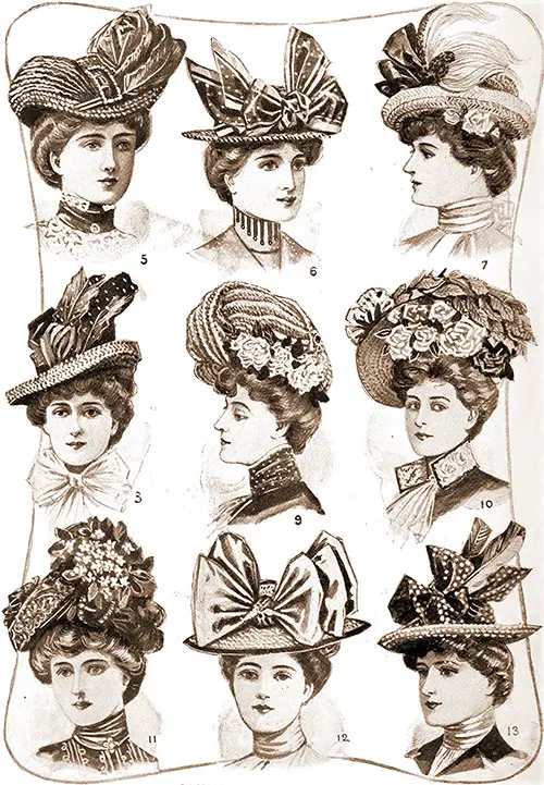 Plate 2: Summer Hat Styles for Women Nos. 5-13. The Delineator, June 1901.