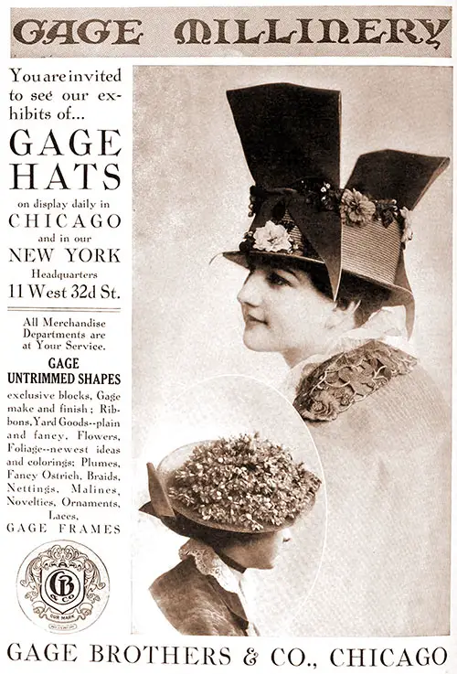 1914 Print Advertisement for Gage Brothers & Co., Chicago -- Exhibits of Gage Hats. The Illustrated Milliner, April 1914.