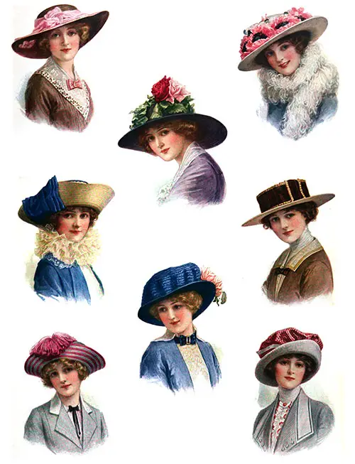 The Girl's First Hat for Spring, Drawings by M. E. Musselman. The Ladies Home Journal, March 1913.