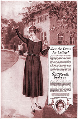1917 Print Advertisement for Betty Wales Dresses -- Just The Dress For College by Betty Wales Dressmakers, New York. The Ladies' Home Journal, September 1917.