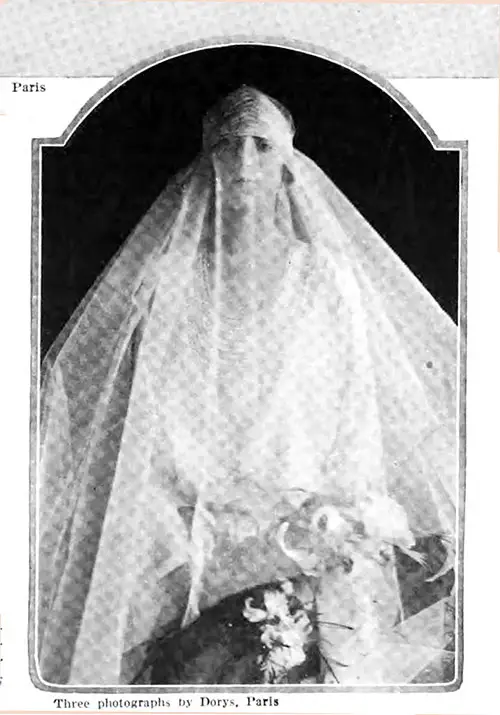 Mlle. Baudry, the Bride of M.Jean Besnard, Abandons Orange Blossoms and Chooses in Their Place a Cacochnik of Pearls. Vogue Magaine, 1 April 1922.