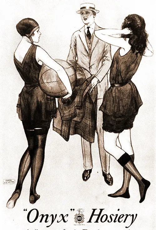 Advertisement for "Onyx" Hosiery. Ideally Smart for the Beaches are Either "Onyx Pointex" or the Three-Quarter Length "Soxings"