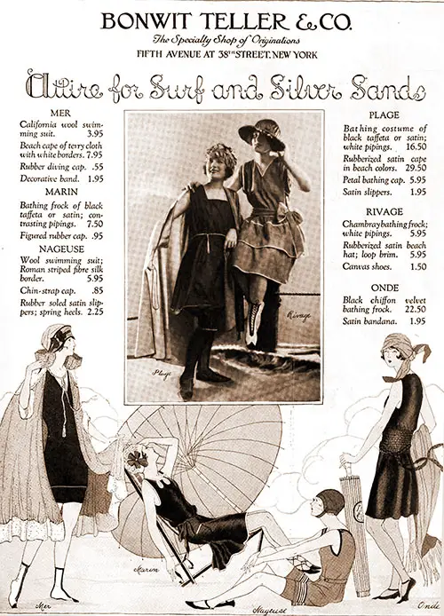 Advertisement for BONWIT TELLER & CO. "The Specialty Shop of Originations," Fifth Avenue at 38th Street, New York. Attire for Surf and Silver Sands. Vogue Magazine, 1 June 1922.