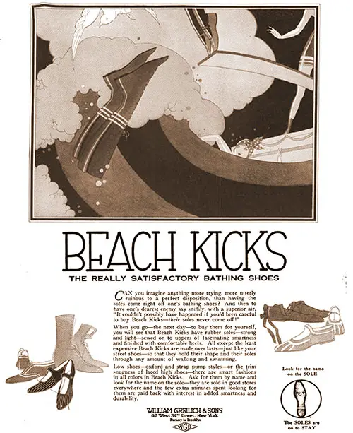 Advertisement for Beach Kicks: The Really Satisfactory Bathing Shoes. William Greilich & Sons, 47 West 24th Street, New York, Factory in Brooklyn. Vogue Magazine, 1 June 1922.