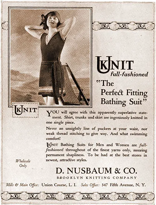 Advertisment from UKnit Full-Fashioned "The Perfect Fitting Bathing Suit," D. Nusbaum & Co. Brooklyn Knitting Company. Vogue Magazine, 15 June 1922.