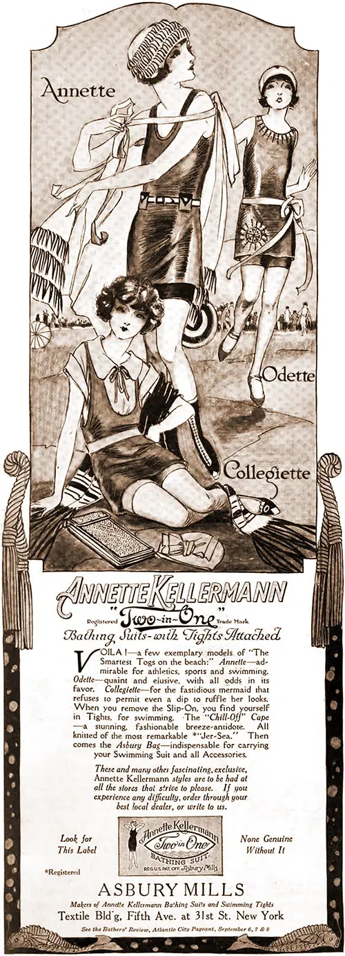Advertisment from Asbury Mills, Makers of Annette Kellermann Bathing Suits and Swimming Tights, New York. Vogue Magazine, 15 June 1922.