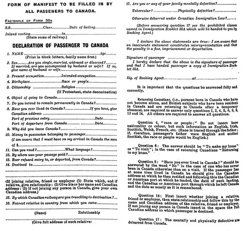 orm of Manifest to be Filled In by All Passengers to Canada. Declaration of Passenger to Canada.
