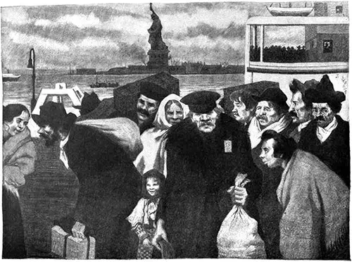The Crowd Hurrying By Me, Into the Great Red Bilding Beyond -- The Gateway Into America. Everybody's Magazine, October 1906.