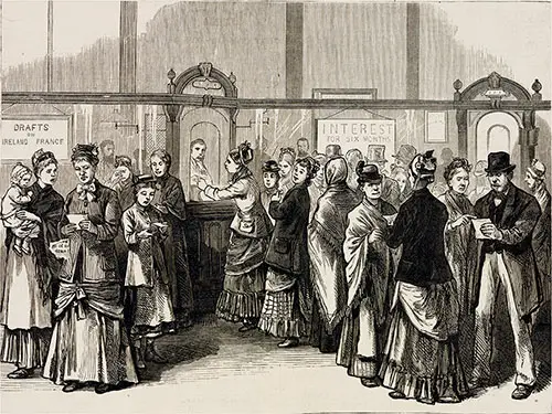 In New York City, Irish Depositors of the Emigrant Savings Bank Withdrawing Money to Send to Their Suffering Relatives in the Old Country.