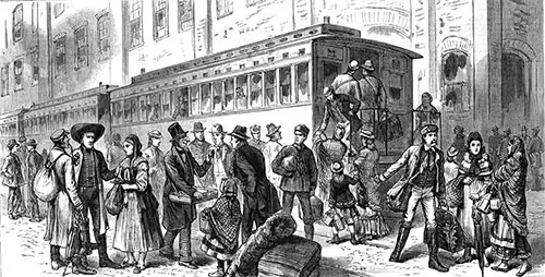 Emigrants Embarking at the Railroad Statin in New York for Their New Home in the West.