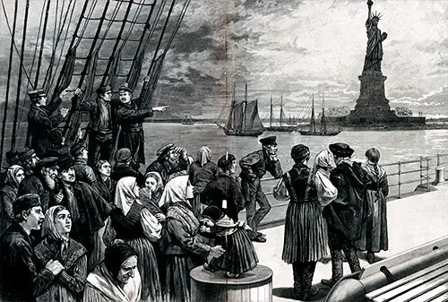 Scene on the Steerage Deck of an Ocean Steamship as it Passes the Statue of Liberty.
