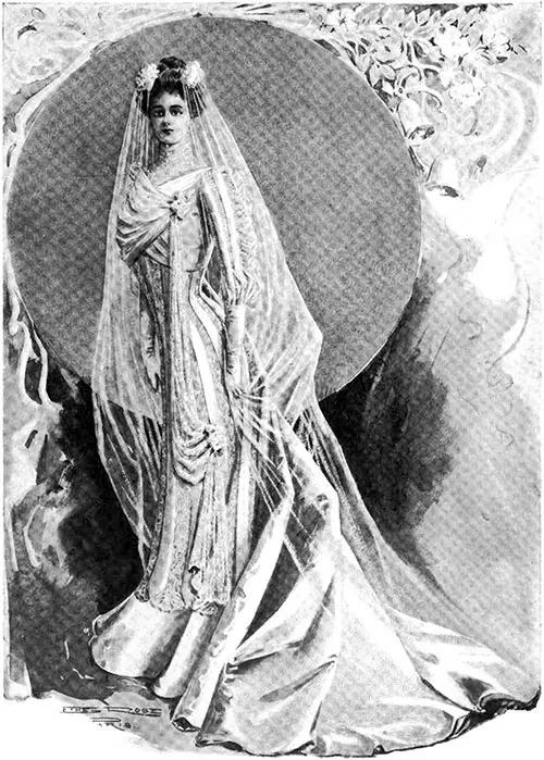 Paris Bridal Gown of White Satin and Point Lace - Drawn by Ethel Rose. Harper's Bazar, 5 January 1901.