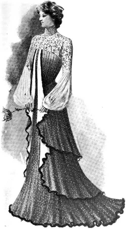 House Gown of Gold Dotted Brown Panné Velvet With Yoke and Sleeves of Cream Lace; Facings of Yellow Satin and Under-Sleeves of Cream Mousseline. Harper's Bazar, 5 January 1901.