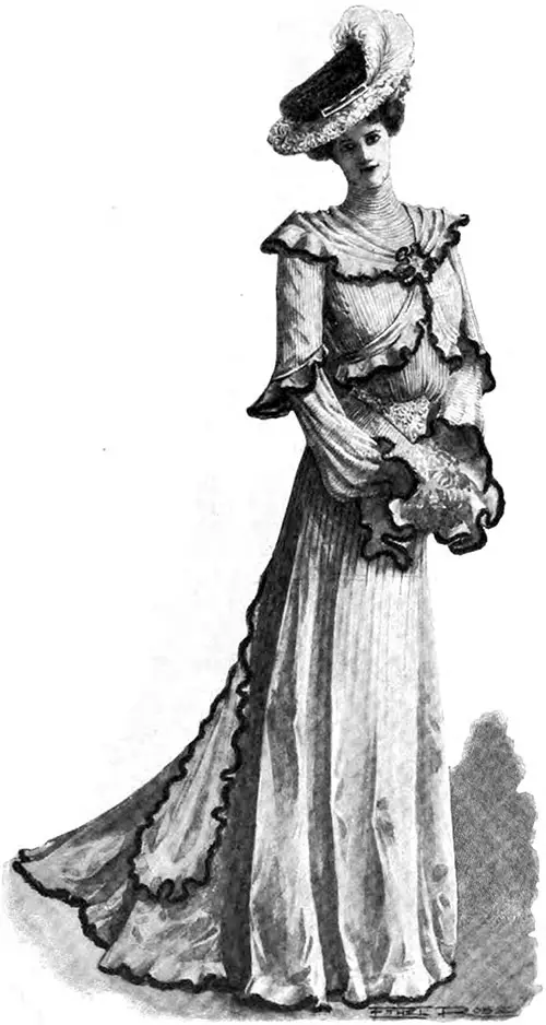Bridesmaids' Gown of Pink Liberty Satin, Tucked and Accordion-Pleated: Edges of Beaver Fur or Sable; Broad Gold Girdle and Gold Passementerie on Muff and Hat Brim. Harper's Bazar, 5 January 1905.