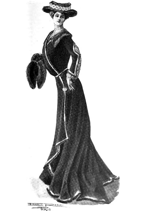 Reception Gown of Blue Velvet; Folds of Maize Satin Edged With Sable; Chemisette and Under-Sleeves of Cream and Gold Lace. Harper's Bazar, 5 January 1901.