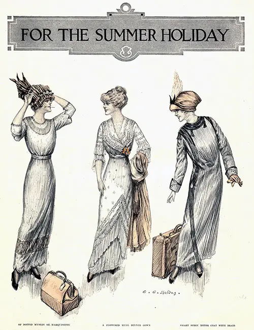 Summer Holiday Dresses (l to r): Dress of Dotted Muslin or Marquisette; A Flowered Mull Dinner Gown; and a Smart Serge Motor Coat with Braid.
