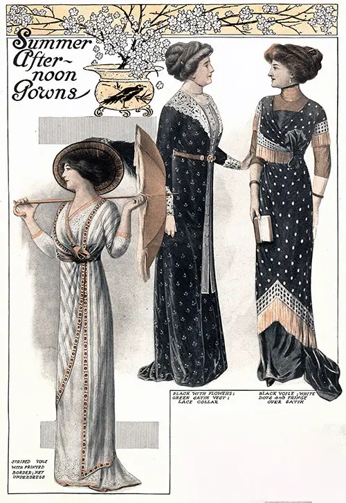 Summer Afternoon Gowns (l to r) Striped Voile with Printed Border and Net Underdress; Black Dress with Flowers and Green Satin Vest with Lace Collar; and Black Voile with White Dots and Fringe Over Satin.
