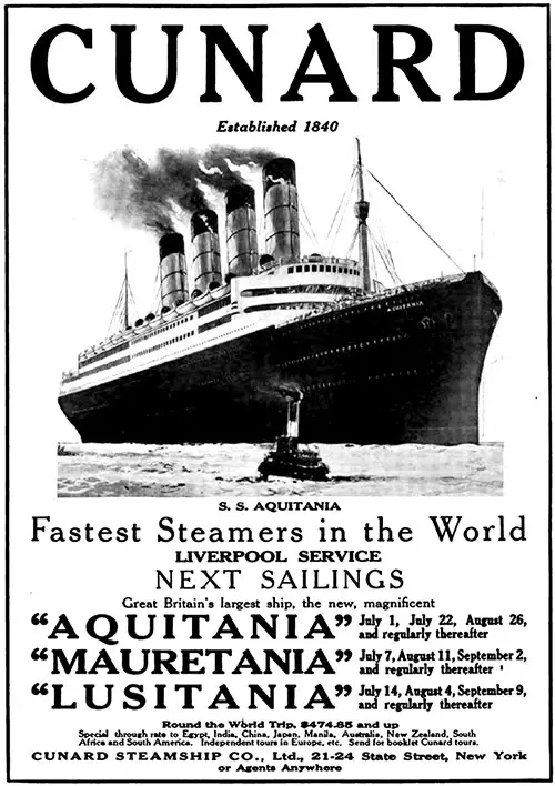 Advertisement from the Cunard Line Promoting Ships In Their New York - Liverpool Service -- Aquitania, Mauretania, and Lusitania.