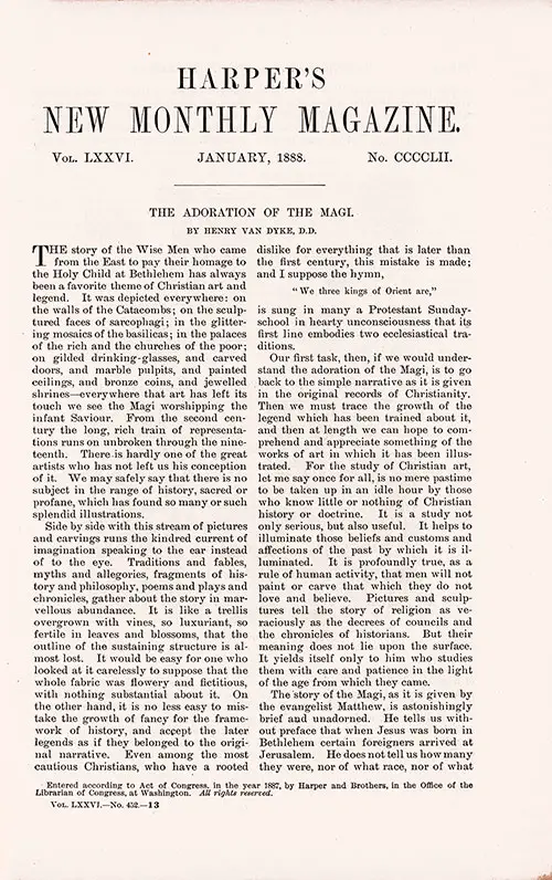 Front Page, Harper's New Monthly Magazine, Vol. LXXVI, No. CCCCLIL, January 1888.