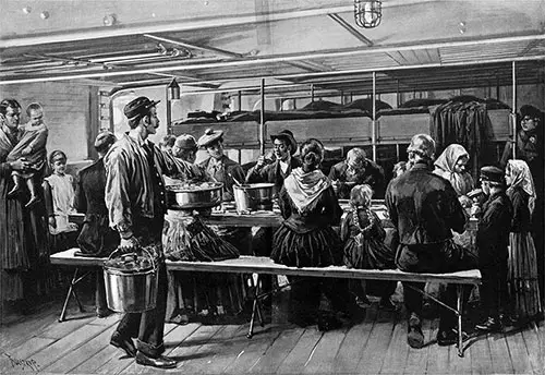 Dinner is Being Served to Steerage Passengers on a French Line Steamship circa 1890.