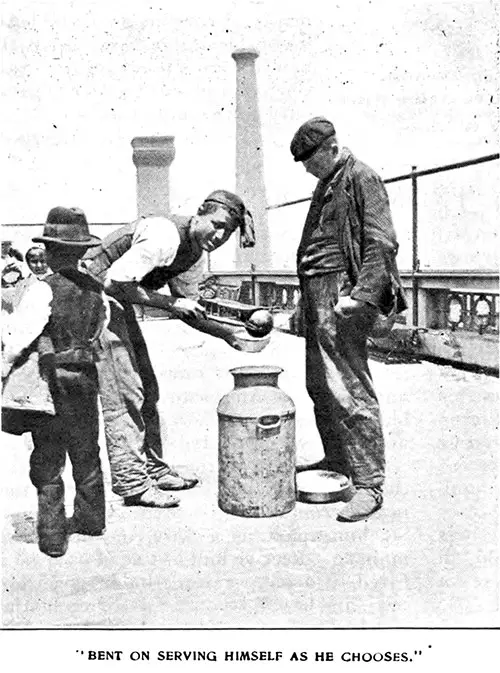 Immigrant Bent on Serving Himself as He Chooses at Ellis Island.