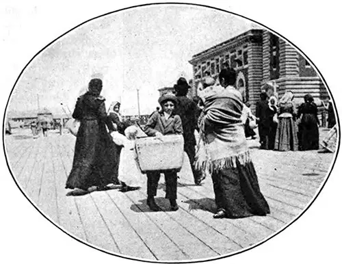 Small Boys Tugging at Big Bundles at Ellis Island.