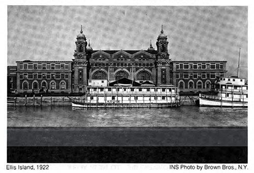 Ellis Island, 1922 with Two Barges Docked in Front of the Main Building.