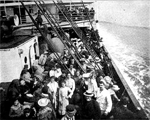 First Cabin Passengers Find Amusement in Watching the Crush of Steerage Passengers below.