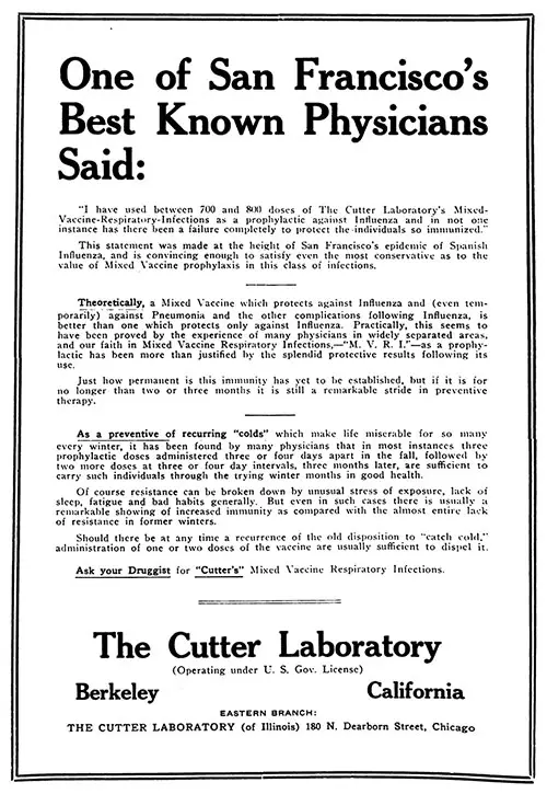 The Cutter Laboratory Advertisement for a Mixed Vaccine Respiratory Infections as a Prophylactic Against Influenza