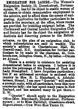 GGA Image ID # 14ff8e4060 Emigration for Ladies. Clipping from The Bazaar, The Exchange and Mart, 26 October 1883.