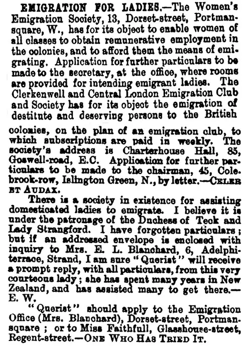 Emigration for Ladies. Clipping from The Bazaar, The Exchange and Mart, 26 October 1883.