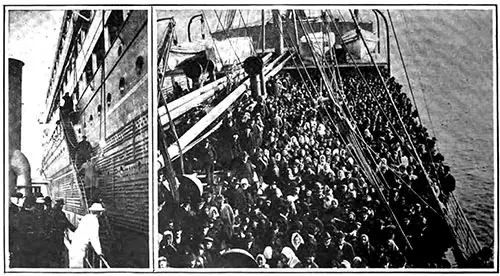 Come Aboard (left) and a Typical Crowd of Immigrants.