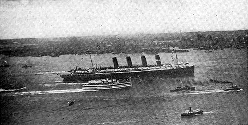 The Lusitania Passing Hoboken on her Maiden Voyage.