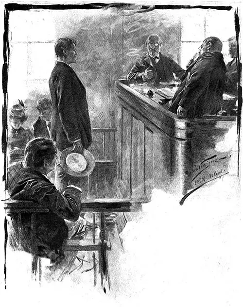 The Board of Special Inquiry, Ellis Island. Drawn by A. Castaigne. The Century Magazine, January 1916.