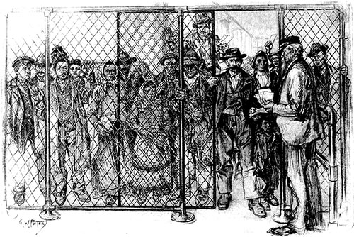 The New York Detention Room, Ellis Island. Drawn by G. W. Peters. The Century Magazine, January 1916.