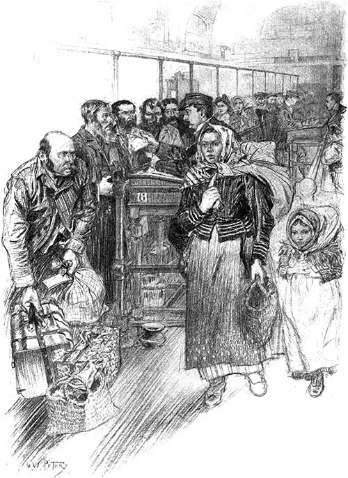The Registry Desk at Ellis Island. Drawn by G. W. Peters. The Century Magazine, January 1916.