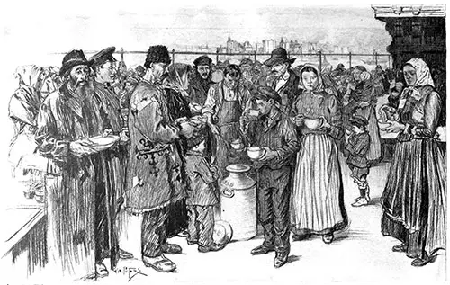 Serving Soups to Immigrants on the Roof Garden at Ellis Island. Drawn by G. W. Peters. The Century Magazine, January 1916.