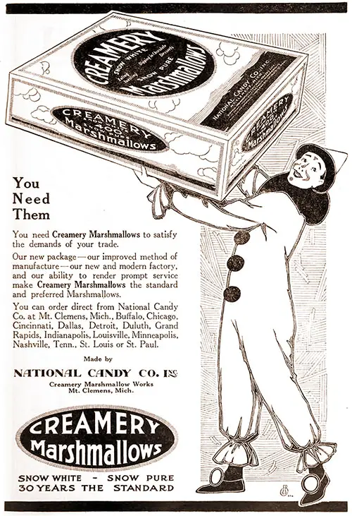 Advertisement for Creamery Marshmallows, Show White - Snow Pure, 50 Years the Standard. National Candy Company, Inc.