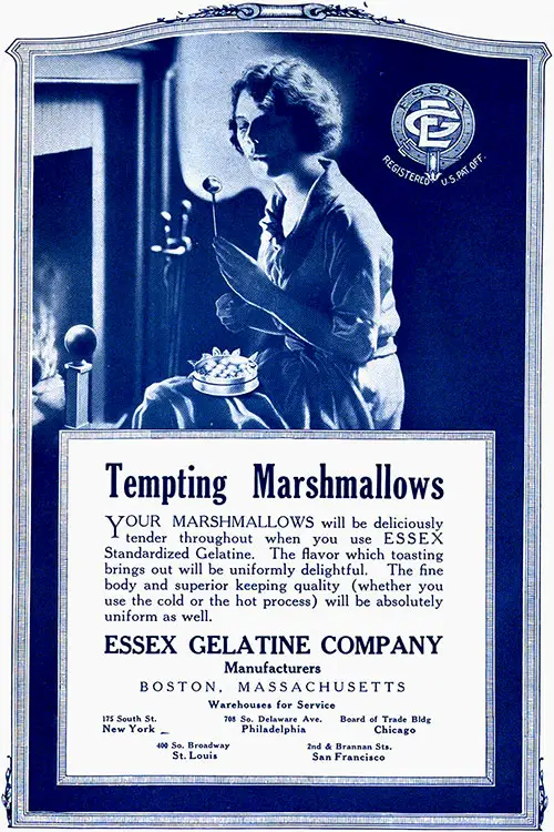 Advertisement: Essex Gelatine Company. Marshmallows made with Essex run uniform.