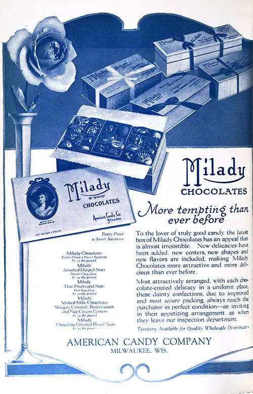 Advertisement for Milady Chocolates - More Tempting than Ever Before.