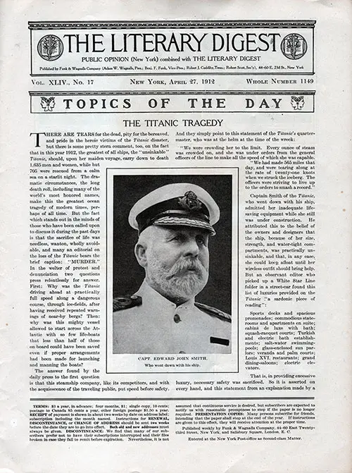 Topics of the Day: The Titanic Tragedy in The Literary Digest, Vol. XLIV, No. 17, Whole No. 1149, 27 April 1912, p. 865.